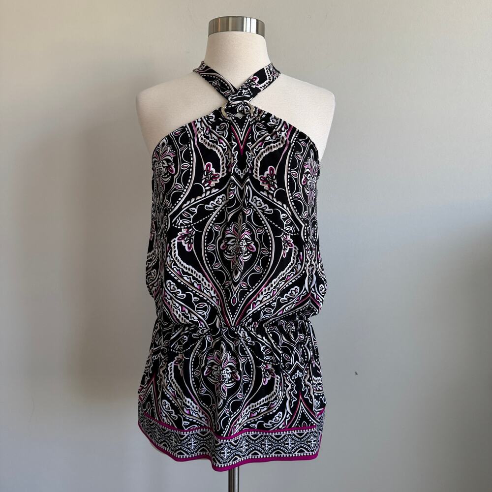 White House Black Market Blouson Halter Blouse Top Black White Pink Swirl XS NWT